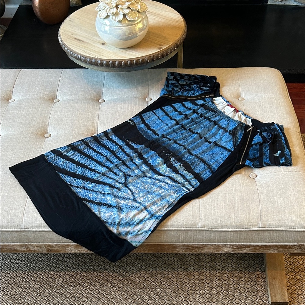 Vivienne Tam Vintage Abstract Printed Blue Nylon Zip Mini Dress Size Large